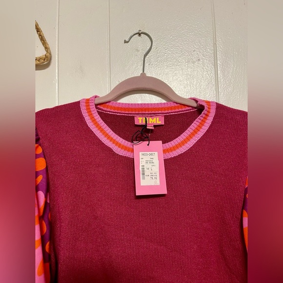 THML Burgundy Knit Mixed Media Top Puff Sleeves Size Large - Picture 5 of 8